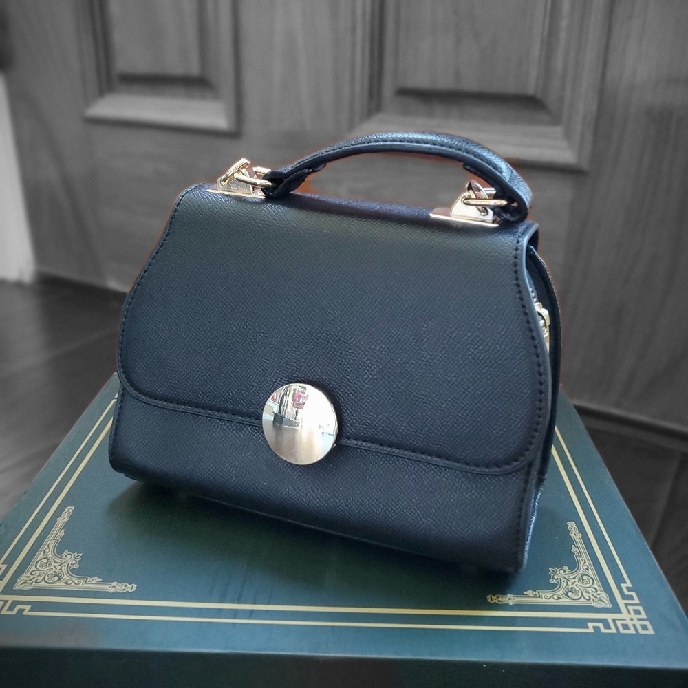 Leather top handle,cross body black mini purse